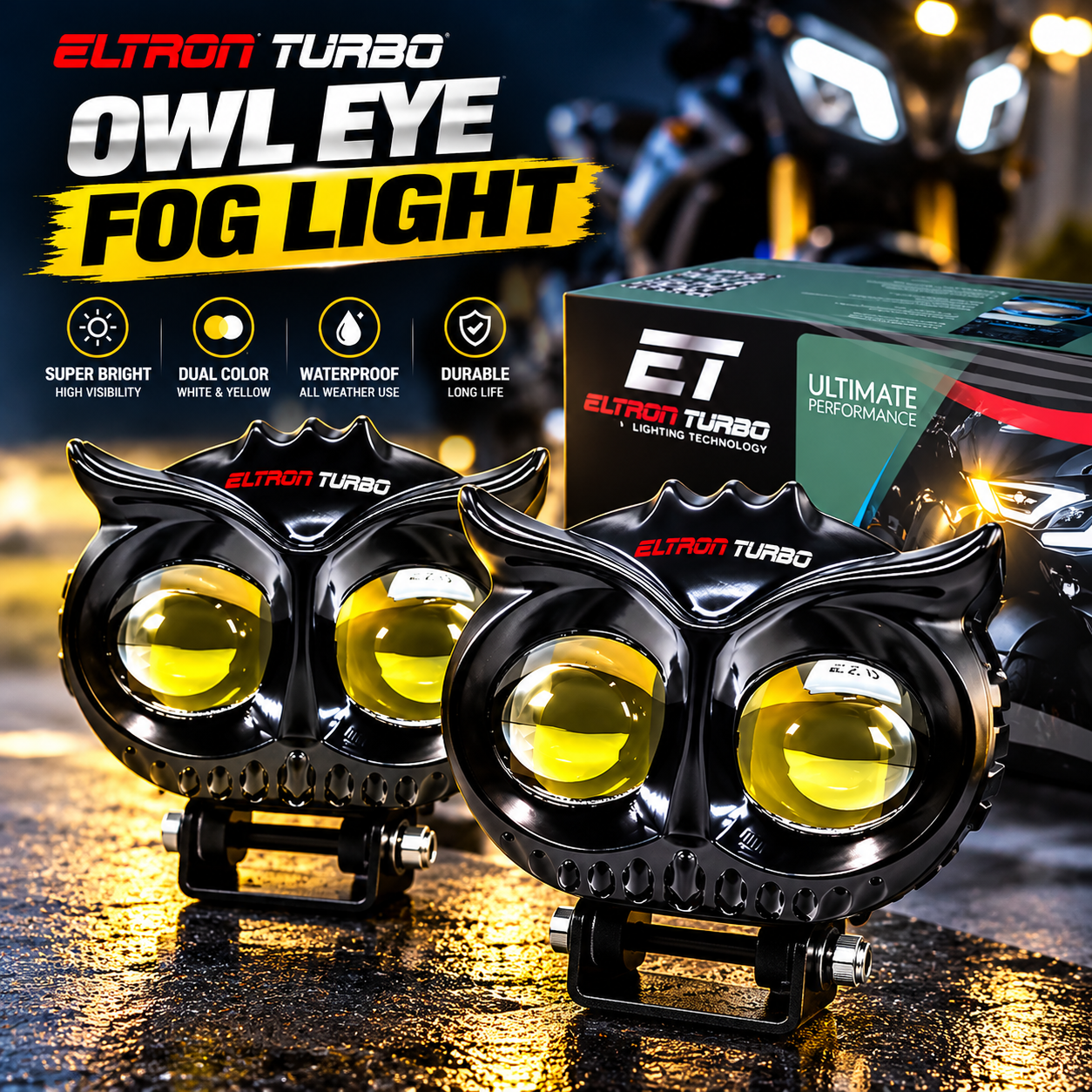 ELTRON TURBO 1 Year Warranty Owl Shape Imported Fog LED Light, 12V–24V, 110W DC, Heavy Aluminium Material, Yellow and White Beam, Off-Roading Light for All Motorcycles, Scooty & Cars (Pack of 2 with Switch).