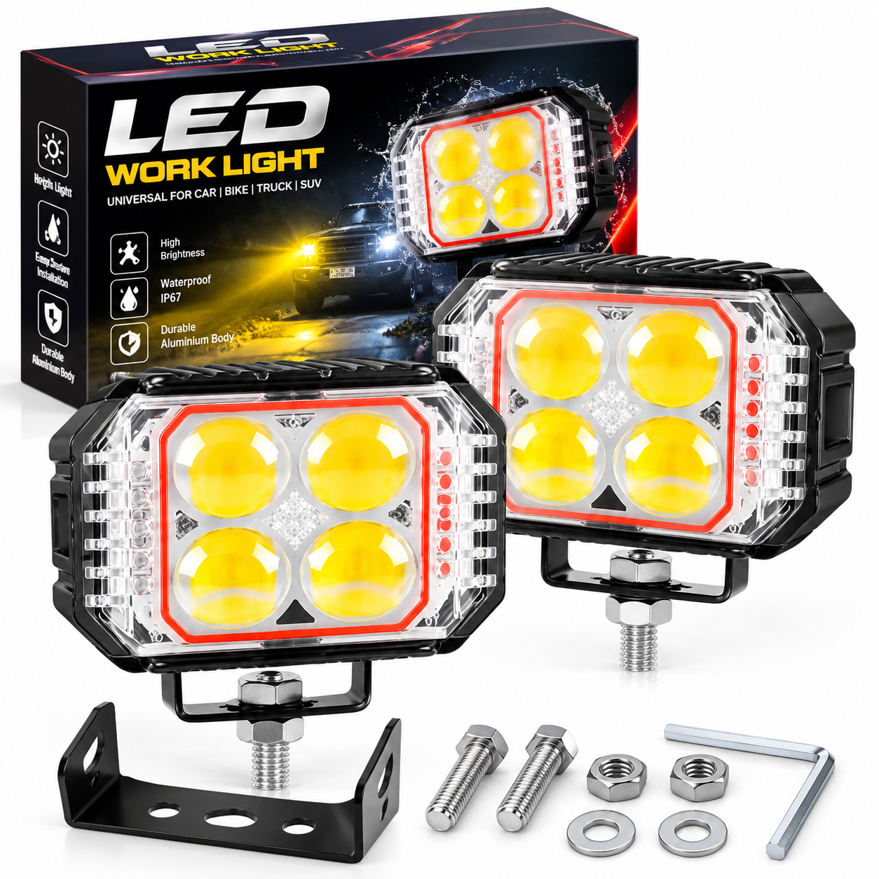 ELTRON TURBO Imported 3 Months Warranty 4 Led 12-24V 110W DC Power Fog Light Waterproof Universal Fit For All Bikes,Scooties,Cars (Pack of 2, Yellow, White, Flashing Reflection, Devil Light, Switch)