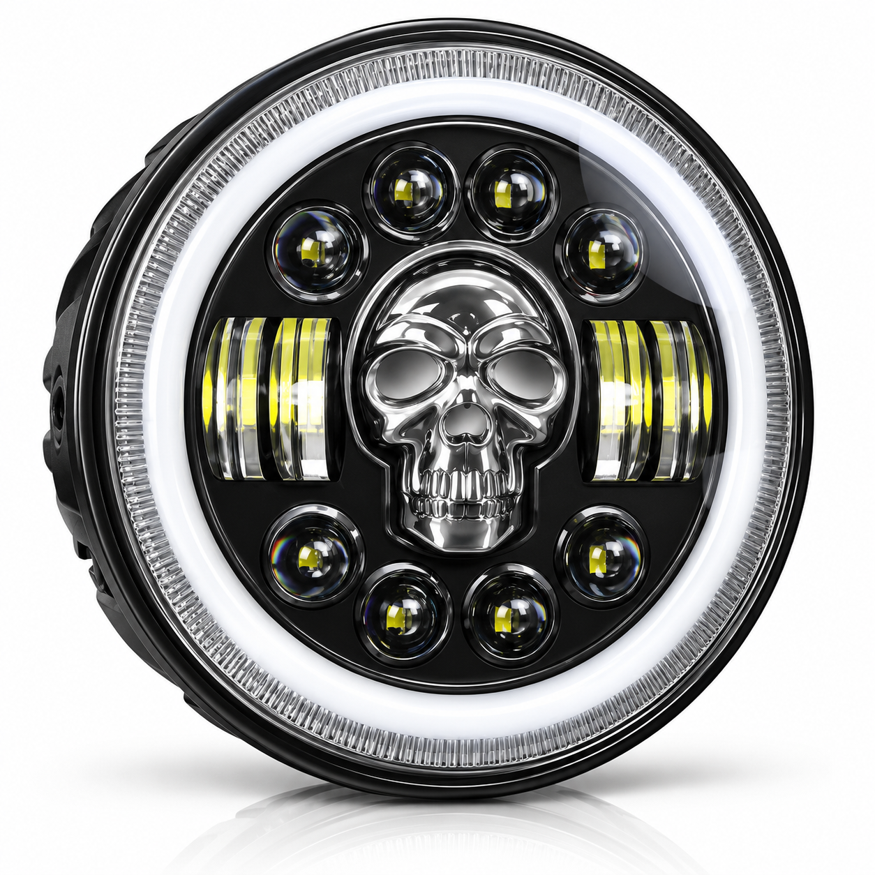 ELTRON TURBO LED Headlight DRL with Turn Signal Indicator 12V 240W multicolour Light Compatible with Classic/Standard Bullet Motorcycle, THAR CARS 7 INCH (Skull Design)