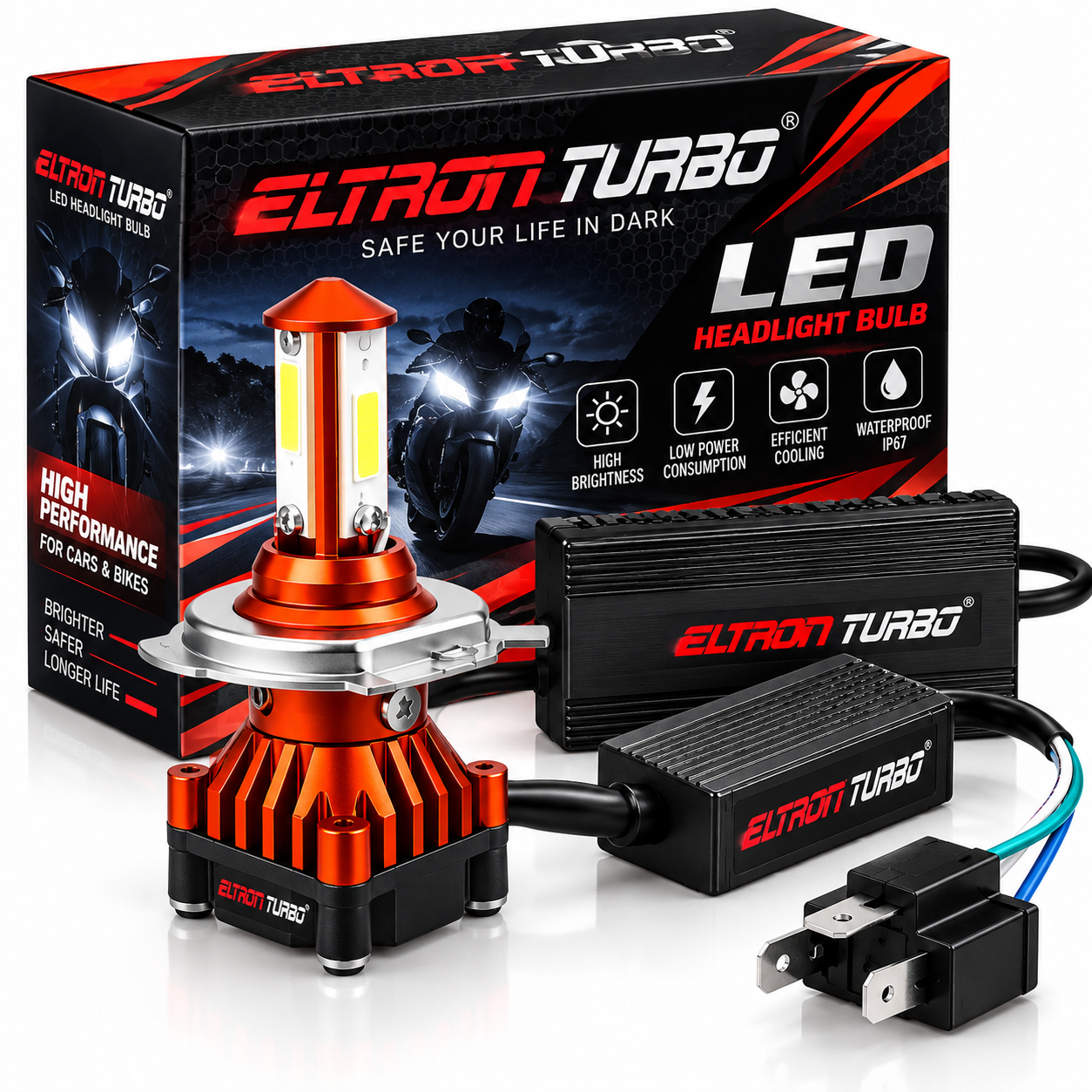 ELTRON TURBO Headlight Bulb With Cooling fan CYT Front DC Power 3 Months Warranty Universal for All Bikes, Motorcycle, Scooty 3 Side H4 LED Headlight with Cooling Fan Conversion Kit (Pack of 1, DC8V-48V, 40W, White)